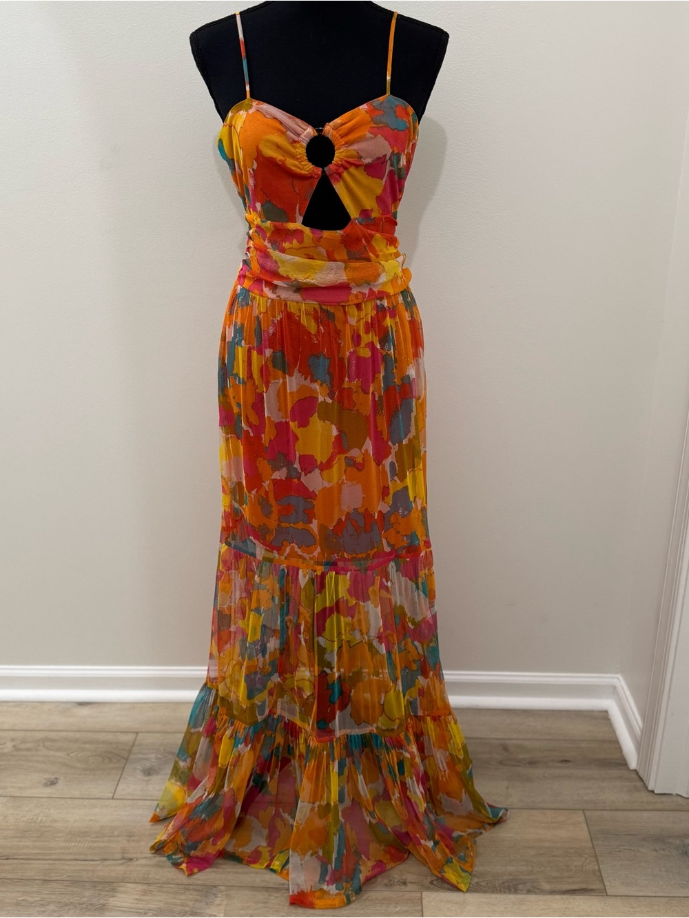 Orange Floral Cutout Maxi Dress with Ring Detail